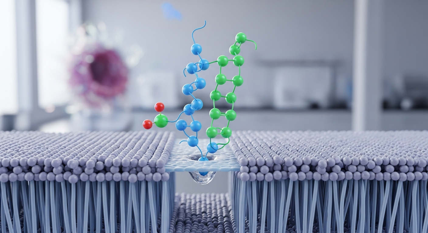 Illustration: Ein Peptid schleust sich durch eine Pore in der Zellmembran.
